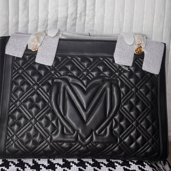 NWT Love Moschino Black Quilted Borsa Shoulder Tote in Black and Gold - Picture 6 of 14